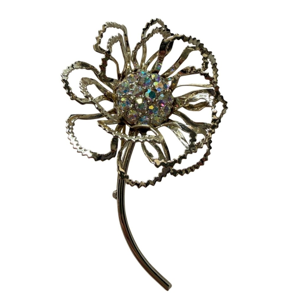 Vintage Sarah Coventry "Allusion" Flower Brooch‎ Gold Tone Aurora Borealis Pin